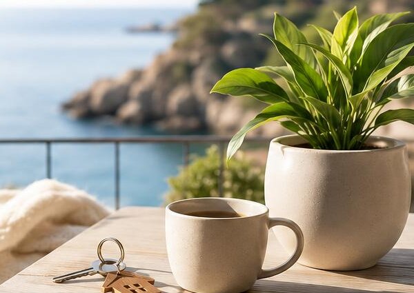 Table with a plant, a cup of coffee and a set of keys overlooking a Costa Brava cove